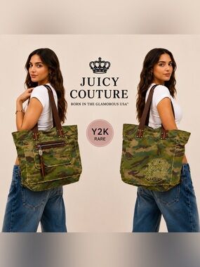 Juicy Couture Camo Canvas Tote Bag HTF Y2K Leather Trim Large Shopper Purse Boho